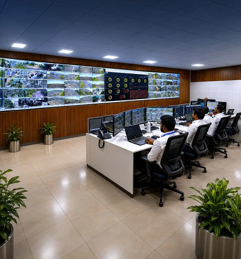 Young professionals working at a digital control room with data screens, representing technology exposure and skill development for the next generation of mining leaders
