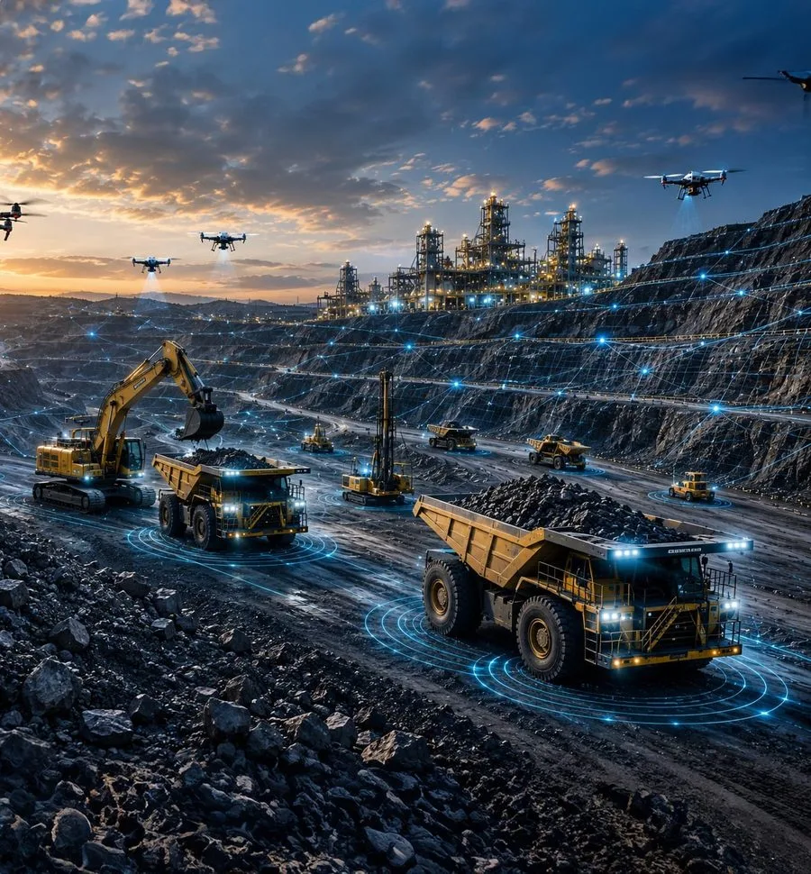 Autonomous mining trucks and drones on a connected, digitally monitored mine site